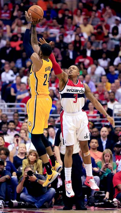 Pacers Up 3-1 on Wizards - The Indiana Pacers rallied from 19 points down in the second half to edge the Washington Wizards, 95-92, in Game 4 of their Eastern Conference semifinal series on Sunday night. The Pacers were led by Paul George’s playoff-high 39 points and now own a commanding 3-1 series lead.&nbsp;(Photo: Rob Carr/Getty Images)