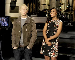 Eminem - Looks like Eminem is trying to hide something from Olivia Pope. The rapper gives Scandal star Kerry Washington a shady glance during their joint appearance on Saturday Night Live.  (Photo: Dana Edelson/NBC/NBCU Photo Bank via Getty Images)