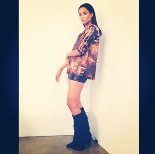 Fringe Benefits - Ciara's &quot;body party” is in full swing in this pretty black-and-gold Balmain top and Cesare Paciotti fringe boots.   (Photo: Instagram via Ciara)