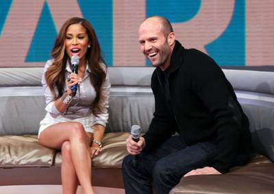Making Funnies - Host Keshia Chant? and Jason Statham share a laugh on 106. (Photo: Bennett Raglin/Getty Images for BET)