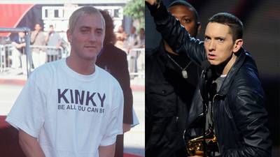 Eminem: From platinum blond to a brown dye job. 1999 Em vs. 2010 Em was bound to look differently since it wasn't a just a dye job that separated them — a major drug rehabilitation did too. - (Photos from left: Brenda Chase / Online USA / Liaison Agency/Getty Images, Michael Caulfield/WireImage)