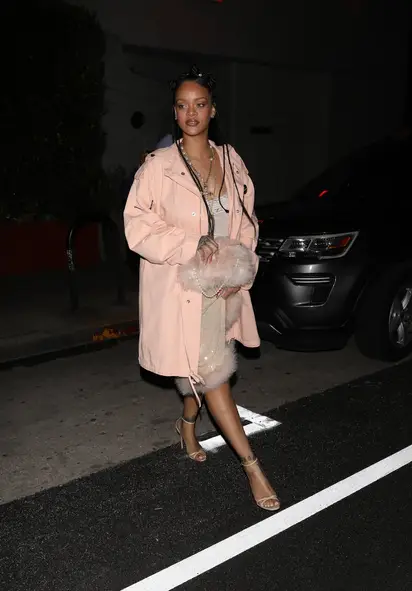 Rihanna Wears Brown Minidress, Louis Vuitton Bag, and Trucker Hat on Date