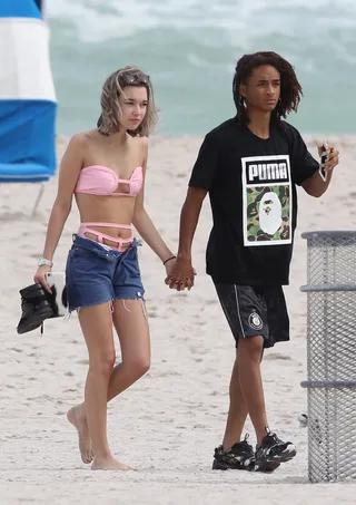 Jaden Smith  - The teen actor/musician stays in step with girlfriend Sarah Snyder on the shores of Miami Beach.  (Photo:&nbsp;Splash News/Splash News/Corbis)&nbsp;
