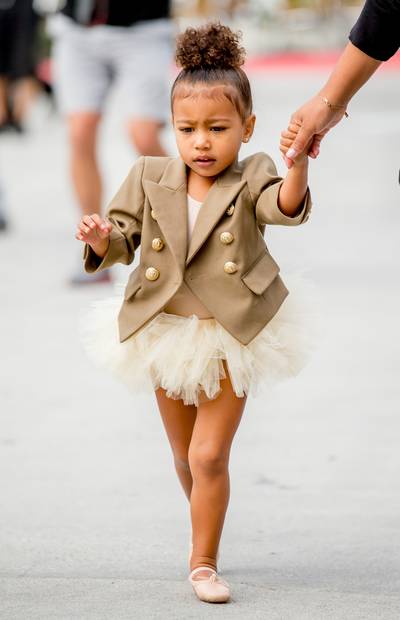 Fashionista In the Making - Nori leaves her ballet class in LA wearing her signature 'fit—a Balmain blazer and tutu. This time she does a cream and mushroom palette.(Photo: PacificCoastNews)