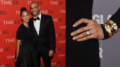 Misty Copeland - The prima ballerina debuted her shiny new rock at Glamour's 25th Anniversary Women of the Year Awards. It appears to be a cushion cut stone flanked by smaller diamonds around the perimeter, with a band embellished with diamonds to match. Her fiancé, Olu Evans, sure knows how to pick ‘em!(Photos from left: Splash News, Dimitrios Kambouris/Getty Images for Glamour)