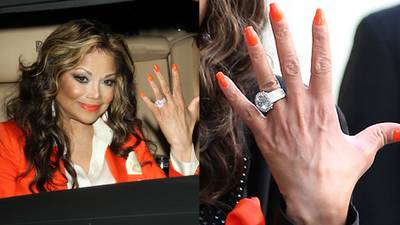LaToya Jackson  - The singer and reality TV star said “yes” to her longtime business partner Jeffré Phillips while vacationing together in Hawaii last August. Sadly, they called off their plans this past February, but here's a closer look at what was: an enormous diamond ring, featuring a 10-carat round center stone and surrounded by another 7.5-carats of diamonds set in a platinum band.  (Photos from left: Greg Tidwell/PacificCoastNews, PacificCoastNews)