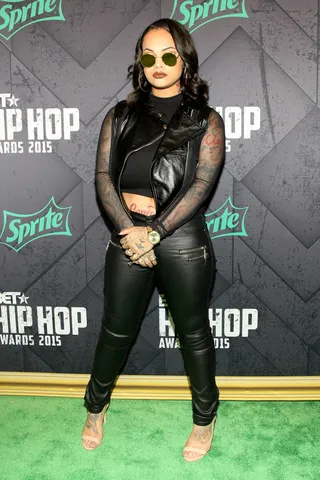 Leather Stallion - Morgan Westbrooks kept it lowkey, sporting John Lennon shades that added a layer of mystique to her outfit.(Photo: Bennett Raglin/BET/Getty Images for BET Networks)