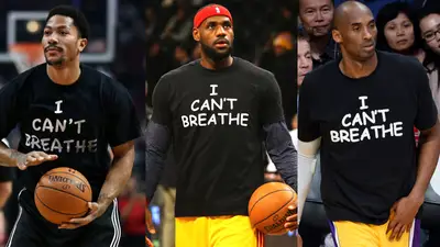 NBA Superstars Don 'I Can't Breathe' T-Shirts - Derrick Rose started it, and in between Detroit Lions running back Reggie Bush, NBA superstars such as LeBron James, Kyrie Irving, Kevin Garnett and Kobe Bryant all followed by wearing “I Can’t Breathe” T-shirts in memory of Eric Garner. “I can’t breathe” were the last words uttered by Garner, the Staten Island, New York, man who was choked to death by police officer Daniel Pantaleo. (Photos from left: Chris Sweda/Chicago Tribune/TNS/LANDOV, Al Bello/Getty Images, UPI/Jim Ruymen/LANDOV)