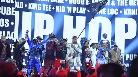 Rappers do a tribute to Hip-Hop as they perform onstage during the 65th Annual Grammy Awards at the Crypto.com Arena in Los Angeles on February 5, 2023.  