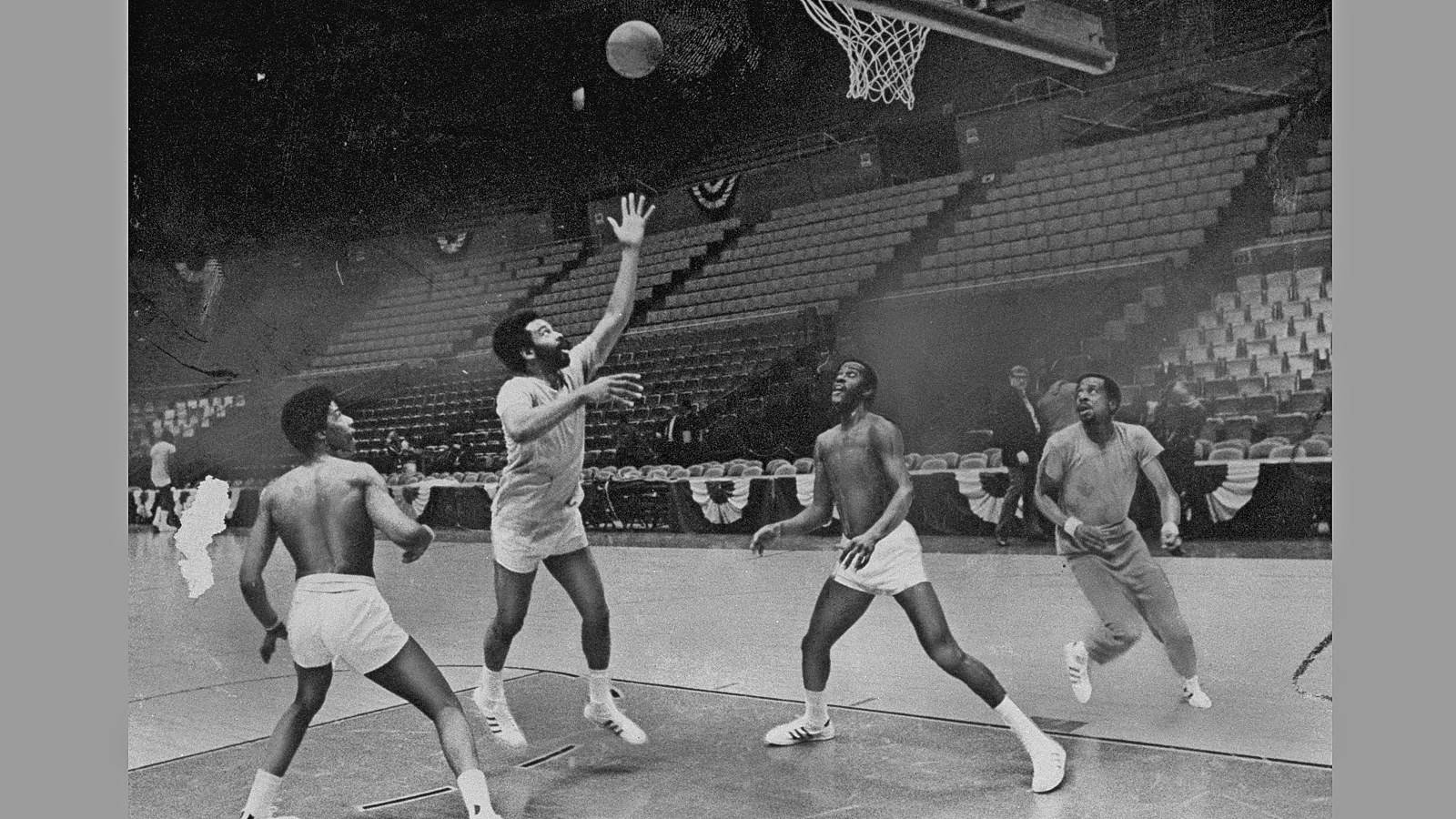 ABA All-Star basketball players work out in Nassau Coliseum.
 