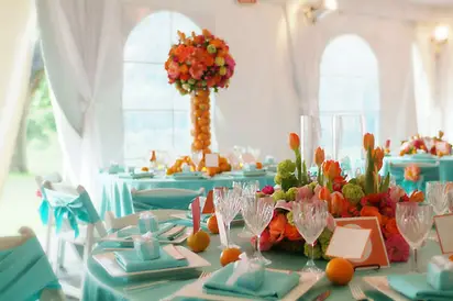 teal and orange wedding reception
