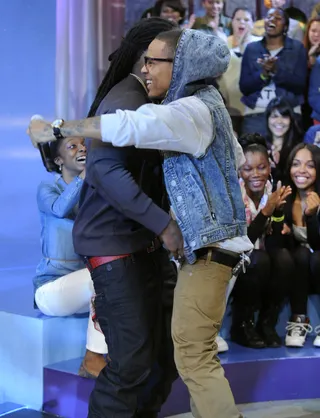 Whats Good - Ace Hood greets his YMCMB label mate Bow Wow at 106 &amp; Park, October 12, 2012. (Photo: John Ricard / BET).