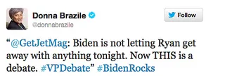 Donna Brazile (@donnabrazile) - Celebrities and political heavyweights offered up some entertaining tweets during&nbsp;the vice presidential debate&nbsp;on Thursday night.&nbsp;– Britt Middleton   (Photo: twitter)