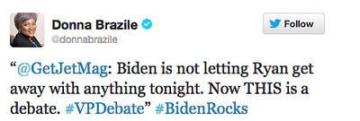 Donna Brazile (@donnabrazile) - Celebrities and political heavyweights offered up some entertaining tweets during&nbsp;the vice presidential debate&nbsp;on Thursday night.&nbsp;– Britt Middleton   (Photo: twitter)