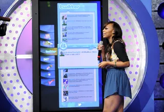 Tweets Of The Day - Paigion checks the 106 Twitter verse for the hashtag #8NoMore at 106 &amp; Park, October 11, 2012. (Photo: John Ricard / BET)
