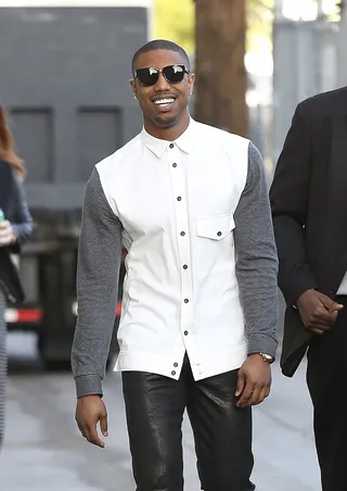 Future So Bright - Michael B. Jordan&nbsp;shows off his million-dollar smile behind a pair of dark shades as he heads inside the Jimmy Kimmel Live! studios in Hollywood.(Photo: Splash News)