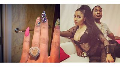 Nicki Minaj - Sheepishly&nbsp;hinting at their couple status for months, it looks like Meek Mill put a ring on it, with her sharing a pic of her new bling on April 15, 2015. Nicki's canary yellow, heart-shaped diamond appears to be at least 14 carats and is surrounded by a double halo of white diamonds. (Photos: Nicki Minaj via Instagram)