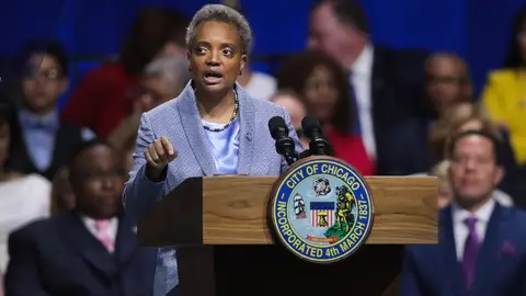 CHICAGO, ILLINOIS - MAY 20:  Lori Lightfoot addresses guests after being sworn in as Mayor of Chicago during a ceremony at the Wintrust Arena on May 20, 2019 in Chicago, Illinois. Lightfoot become the first black female and openly gay Mayor in the city’s history.  (Photo by Scott Olson/Getty Images)