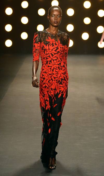 Naeem Khan - Bold prints make their return for fall, and we love how Khan sneaks in a flash of sexy lace underneath his gorgeous leaf motif.  (Photo: Frazer Harrison/Getty Images for Mercedes-Benz Fashion Week)