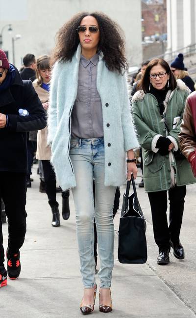 Patricia Lunsmann - The fashion stylist is definitely winning us over with her take on winter pastels, while her classic aviators and mixed-print pumps provide some edginess. We’ll be test driving a similar look this spring, no doubt.(Photo: Daniel Zuchnik/Getty Images)