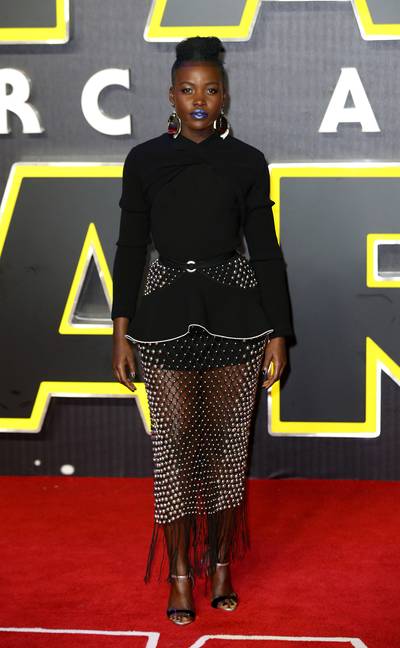 Lupita Nyong'o - If avant-garde is more your thing, then you?ll certainly be a fan of the actress?s Proenza Schouler look for the London premiere of Star Wars: The Force Awakens. A structured top, sheer skirt and blue lippie will have you looking out-of-this-world.(Photo: Chris Jackson/Getty Images for Matchless)