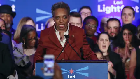 Chicago mayor elect Lori Lightfoot speaks during the election night party in Chicago, Illinois on April 2, 2019. - In a historic first, a gay African American woman was elected mayor of America's third largest city Tuesday, as Chicago voters entrusted a political novice with tackling difficult problems of economic inequality and gun violence. Lori Lightfoot, a 56-year-old former federal prosecutor and practicing lawyer who has never before held elected office, was elected the midwestern city's mayor in a lopsided victory. (Photo by Kamil Krzaczynski / AFP)        (Photo credit should read KAMIL KRZACZYNSKI/AFP via Getty Images)
