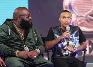 Uh! - Bow Wow takes a minute to ask Rick Ross a question on 106. (Photo: Bennett Raglin/BET/Getty Images for BET)