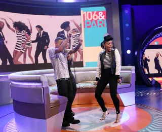 Sophisticated Stanky Leg - Janelle Monáe gets Angela Simmons and Bow Wow to do a classy version of the stanky leg on 106.&nbsp;(Photo: Bennett Raglin/BET/Getty Images for BET)