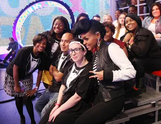 New Minions - Janelle Monáe hugs some of her fans on 106.&nbsp; (Photo: Bennett Raglin/BET/Getty Images for BET)