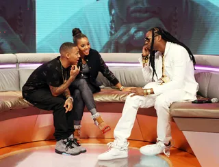 Talk It Out - Bow Wow and Angela Simmons lounge and talk new music with&nbsp;2 Chainz. (Photo: Bennett Raglin/BET/Getty Images for BET)