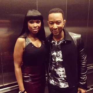 John Legend @johnlegend - You never know who you'll bump into on an elevator. John Legend crossed paths with singer/actress Jennifer Hudson on his way to a Good Morning America appearance.(Photo: Courtesy Instagram via John Legend)