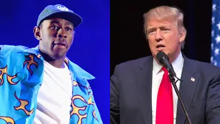 Tyler, the Creator Just Compared Donald Trump to Hitler With New T-Shirt - Tyler, the Creator, who doesn’t shy away from brash commentary, wore his political thoughts on his shirt. The newest piece of Wolf Gang merchandise is a white T-shirt that features an image of Donald Trump with "President of the United States," the years of his projected presidency and the phrase "We F**ked Up" written on it. On Trump's upper lip is a small moustache in the style of Adolf Hitler. Say it with your chest, Tyler!&nbsp;(Photos from left: Frazer Harrison/Getty Images, Darren Hauck/Getty Images)