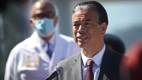 SAN FRANCISCO, CALIFORNIA - JUNE 10: California Attorney General Rob Bonta speaks during a news conference at San Francisco General Hospital  on June 10, 2021 in San Francisco, California. California Gov. Gavin Newsom and Attorney General Rob Bonta announced that the state of California has filed an appeal to a recent decision by a U.S. District Judge Roger Benitez of San Diego to overturn California's three-decade-old ban on assault weapons stating that California's ban on assault weapons violates the constitutional right to bear arms. In his ruling, Benitez compared the popular AR-15 assault rifle to a Swiss Army knife. (Photo by Justin Sullivan/Getty Images)