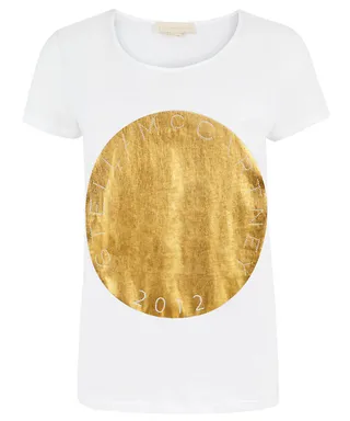 Stella McCartney Gold Foil Olympic T-Shirt - Pair this simple white crew neck boasting a giant gold disc with a navy blazer and cuffed red shorts.&nbsp;  (Photo: Courtesy liberty.co.uk)