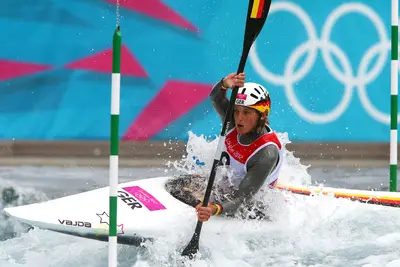 Germany Washed Out of Kayak Race - Jasmin Schornberg of Germany gave her all in the women's kayak single (K1) slalom but came in fifth overall. (Photo: Alexander Hassenstein/Getty Images)