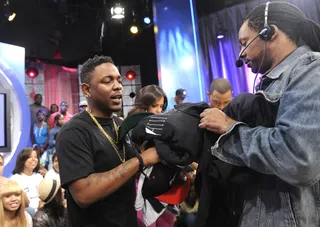 Cool - Kendrick Lamar checks out clothing from his new clothing line at 106 &amp; Park, August 3, 2012. (Photo: John Ricard / BET)