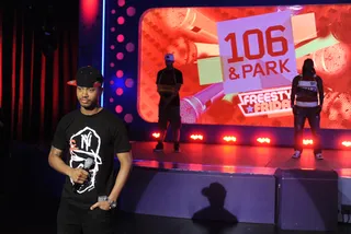 Come On - Terrence J introduces Freestyle Friday contestants Qa Da Great and Buddy Lo at 106 &amp; Park, August 3, 2012. (Photo: John Ricard / BET)