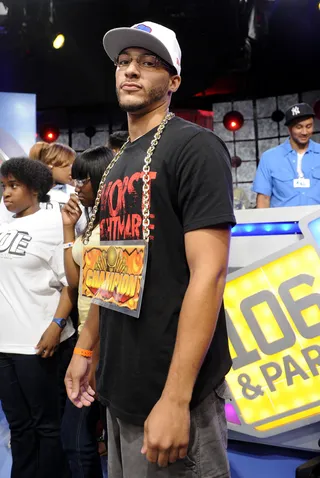 Hold Up - Freestyle Friday contestant Buddy Lo from Buffalo, NY at 106 &amp; Park, August 3, 2012. (Photo: John Ricard / BET)