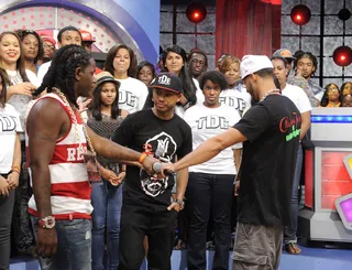 Get Ready - Freestyle Friday contestants Qa Da Great and Buddy Lo touch miss to start the battle at 106 &amp; Park, August 3, 2012. (Photo: John Ricard / BET)