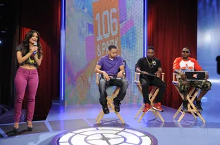 Nice To Meet You - Rocsi Diaz introduces Freestyle Friday judges DJ Absolut, Kendrick Lamar and Young Chris at 106 &amp; Park, August 3, 2012. (Photo: John Ricard / BET)