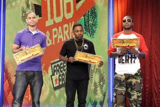 Give It To The Champ - Freestyle Friday judges DJ Absolut, Kendrick Lamar and Young Chris at 106 &amp; Park, August 3, 2012. (Photo: John Ricard / BET)