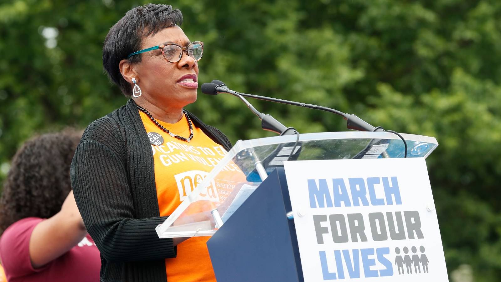 Rebecca S. Pringle speaks during March for Our Lives 2022 on June 11, 2022 in Washington, DC. Becky Pringle is the current president of the National Education Association and a lifelong educator.  