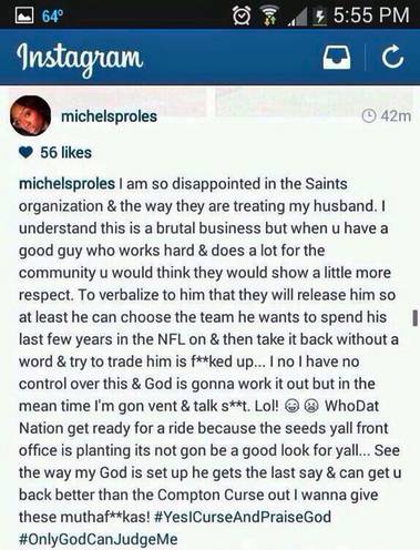 Wife of Darren Sproles blasts Saints in post on Instagram