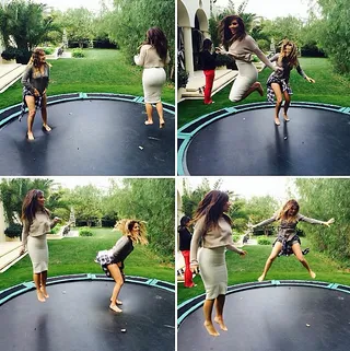 Kim Kardashian @kimkardashian - Kim and Khloe take to the trampoline for a good sweat and some fun.  (Photo: Kim Kardashian via Instagram)