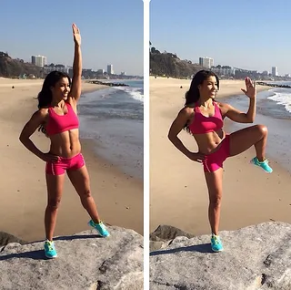 Jeanette Jenkins @msjeanettejenkins -  "Exercise of the day! Standing Oblique Crunch 25reps, 3sets! Great exercise to add to a circuit or interval between strength training exercises on leg day! Tones the #Abs #Thighs #Arms &amp; #Obliques   This exercise is also in the #SexyAbsCardioSculptwith @kellyrowland workout! Get it in! #healthyliving #jeanettejenkins #abs #standingabs #obliquecrunch #arms #thighs #legs #circuittraining #intervaltraining"  (Photo: Jeanette Jenkins via Instagram)