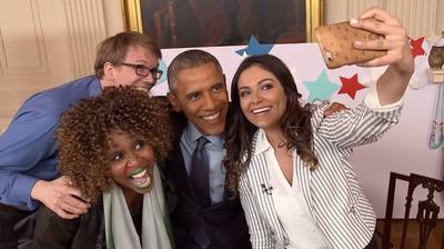 Selfie Time! - The president met with three YouTube stars, 19-year-old Bethany Mota, 52-year-old GloZell Green and 34-year-old Hank Green, on Jan. 22 to discuss his State of the Union address. After they'd covered the serious issues, the fun began. “One more question for you: Can you take a selfie with me?&quot; Mota asked. Yes, he can.   (Photo: The White House via YouTube)