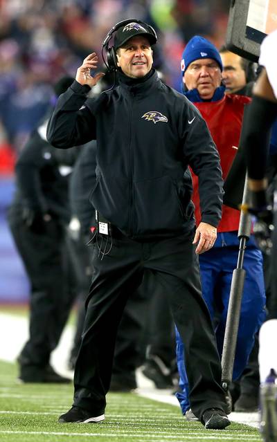 Ineligible Receivers Allegation - When the New England Patriots used an unorthodox scheme&nbsp;with only four offensive lineman two weeks back—opting to make a lineman an eligible receiver—Baltimore Ravens coach John Harbaugh cried foul. The Ravens coach complained that his team wasn't given enough time to identify the new eligible wideout.&nbsp;&quot;It's not something that anybody has ever done before,&quot; Harbaugh told NFL.com.&nbsp;&quot;They're an illegal type of a thing and I'm sure that (the league will) make some adjustments and things like that.&quot; Pats quarterback Tom Brady said the Ravens should &quot;study the rule book.&quot; The NFL didn't reprimand nor fine New England for their usage of eligible receivers of O-linemen.&nbsp;(Photo: Elsa/Getty Images)