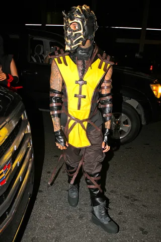 Finish Him! - Tyga arrives as a character from the video game Mortal Kombat for a Halloween party at Bootsy Bellows in Hollywood.(Photo: PacificCoastNews)