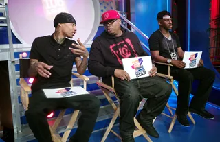 Sonny Digital, E-40, and DJ Scream - Freestyle Friday judges Sonny Digital, E-40, DJ Scream prepare to discuss the battles at 106 &amp; Park, March 23, 2012.(Photo: John Ricard/BET)