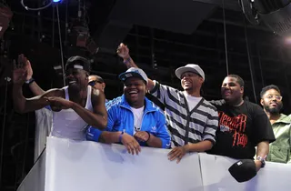 Freestyle Friday - Relly and crew laugh as Rocsi Diaz reacts to Relly's Rocsi Diaz reference in his cipher at 106 &amp; Park, March 23, 2012.(Photo: John Ricard/BET)